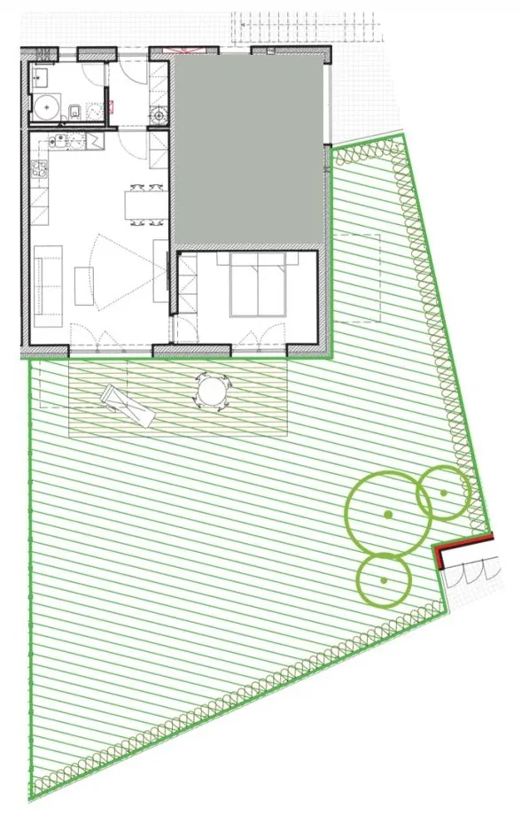 Půdorys apartmánu 2+kk s terasou a zahradou